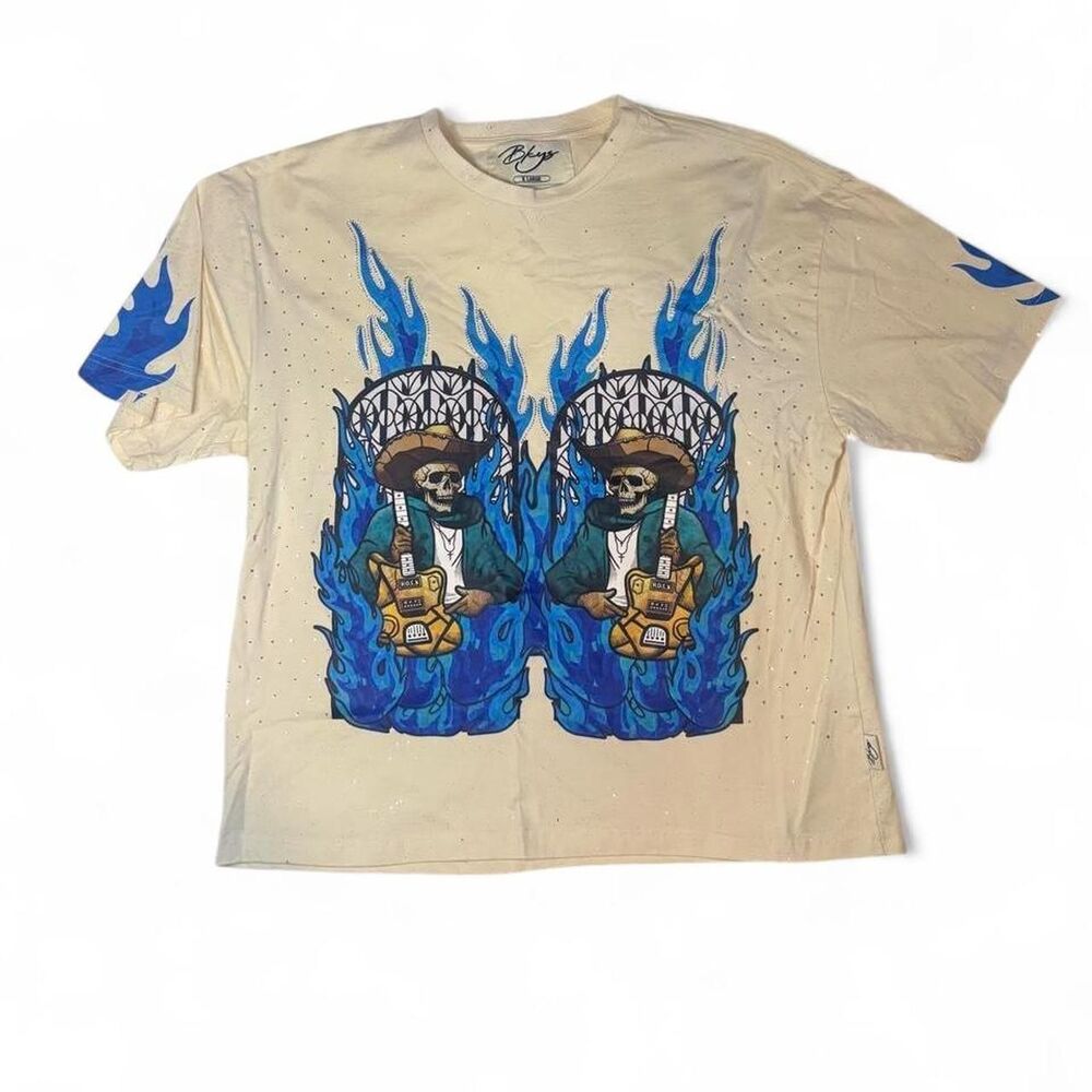 Men's Cream Rhinestone Blue Flame Mexican Skulls Streetwear T-shirt sz XL